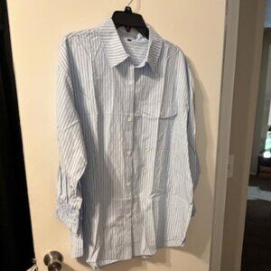 LEMAFER Women's Smocked Cuffed Stripe Boyfriend Button Down Shirts Collared Ruff